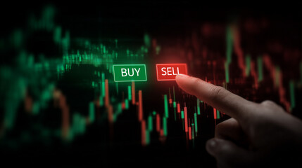 Fototapeta premium finger in decision taking process about to press red sell button on screen. investing analysis selling portfolio assetts