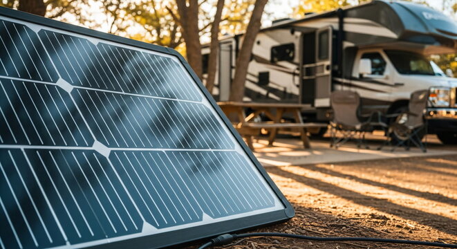 Portable solar panel charging a battery on a camper van. Alternative energy solution for outdoor adventure trip. - Powered by Adobe