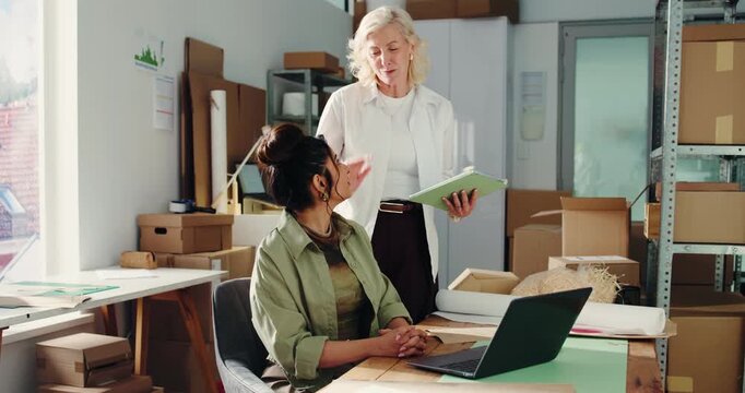 Team, ecommerce and laptop with women in warehouse for delivery confirmation, inventory and research. Shipping checklist, online order and courier distribution with people and tablet as entrepreneur