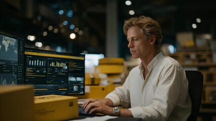 Wide-angle view of a small business office with owner surrounded by shipping boxes and digital screens displaying analytics, symbolizing streamlined e-commerce workflow, digital transformation, and - Powered by Adobe