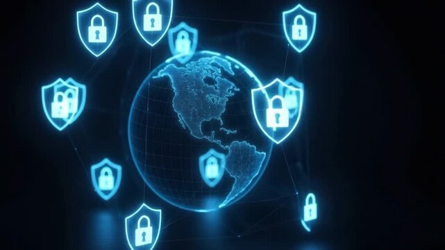 Digital globe cybersecurity concept featuring glowing security shield and lock padlocks symbolizing global data protection network safety and advanced technology for secure internet connection