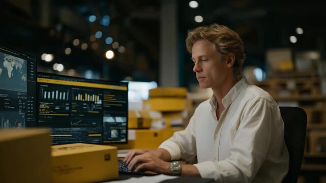 Wide-angle view of a small business office with owner surrounded by shipping boxes and digital screens displaying analytics, symbolizing streamlined e-commerce workflow, digital transformation, and