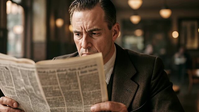 Serious man reading newspaper in cafe, concept of daily routine, business and information in classic vintage atmosphere. Elegant gentleman with newspaper sitting indoors, symbol of news, reflection.