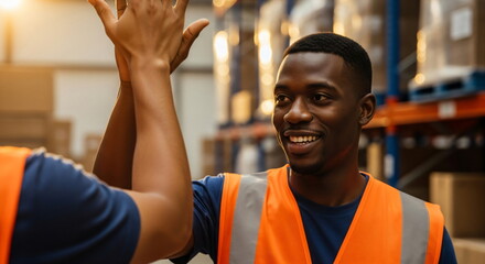 Smiling black man giving his colleague high five at warehouse, celebrating success teamwork, partnership footage.