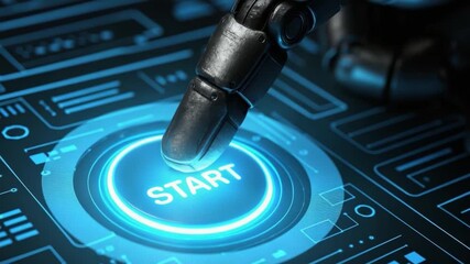 Robot finger pressing start button on digital futuristic interface with glowing blue elements, showcasing innovation, automation, and advanced technology in digital environment - Powered by Adobe