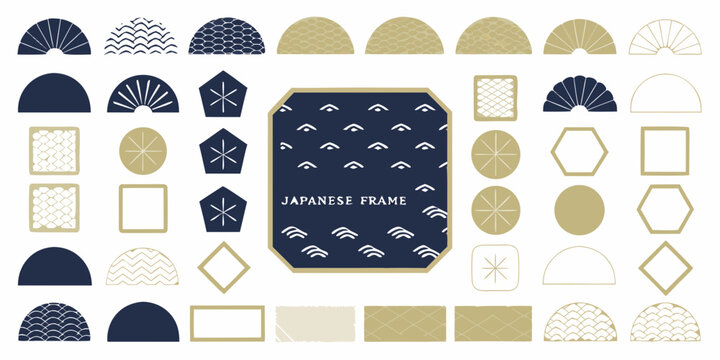 Collection of japanese traditional decorative elements and frames with fan and wave motifs