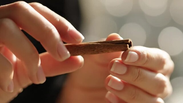 Close-up of hands rolling a brown cigar