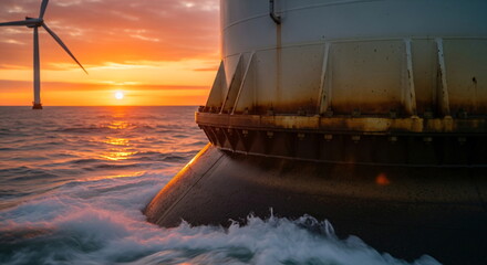 Offshore wind turbine base with ocean water at sunset creating renewable electricity. Clean energy and power generation for environment.