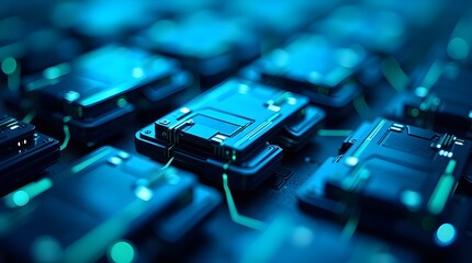 Futuristic blue microchips on an advanced circuit board showcasing modern semiconductor technology, high-performance processing, digital innovation, hardware engineering, and next-gen computing system