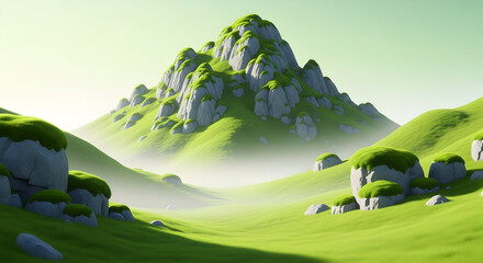 Serene mountain landscape with lush green hills and rocky outcrops under a soft misty sky captured in Whisk style