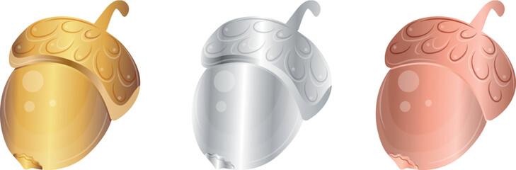 set of acorn icons with a metallic texture, namely with silver, gold and copper, for backgrounds for awards, achievements or rating icons © Ольга Бабич