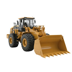 Large yellow construction wheel loader isolated against a black background