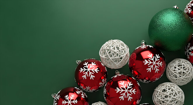 A collection of Christmas ornaments including red, silver, and green decorations on a Whisk textured green background - Powered by Adobe