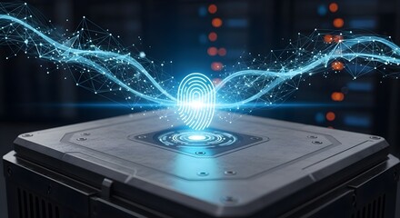 Futuristic biometric fingerprint scanner with glowing energy waves and data streams