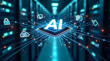 Advanced AI processor in futuristic data center with glowing digital icons, showcasing artificial intelligence innovation, cloud computing, cybersecurity, and next-generation technology systems