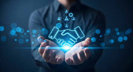 Hands Presenting a Glowing Digital Handshake Symbolizing Global Business Partnership, Technological Collaboration, and Secure Network Connection for Future Growth and Success