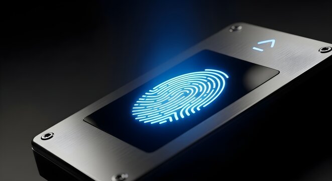 Close up of a glowing blue fingerprint scanner on a metallic device for security and authentication