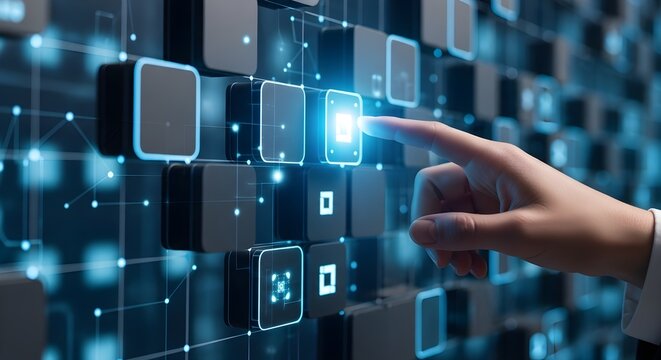 Hand pressing a glowing button on a futuristic digital interface with interconnected nodes