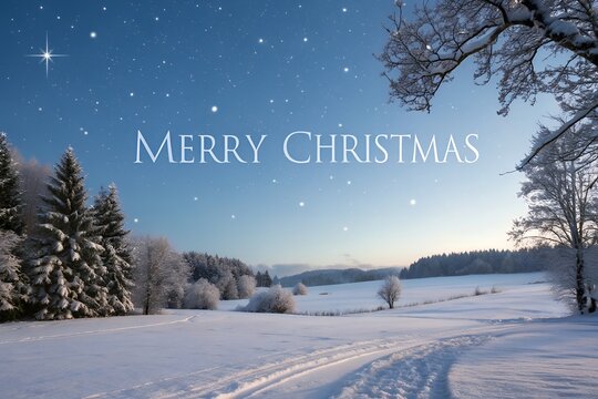 Peaceful snowy landscape with merry christmas greeting - Powered by Adobe