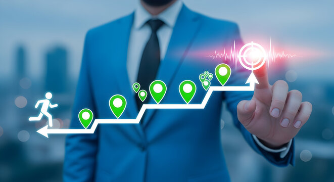 Strategic Business Growth and Goal Attainment Visualized on an Interactive Digital Display, Representing Career Advancement and Success