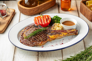 Juicy ribeye steak with grilled tomato, broccoli, and sauce served on a white plate