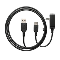 Black charging cable with USB, micro-USB, and wall plug connectors