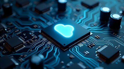 Futuristic cloud computing microchip glowing on advanced circuit board, modern digital data technology, high-performance cloud infrastructure, AI processing and innovative network hardware