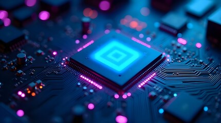Futuristic glowing microchip with neon blue and pink circuitry, advanced digital processor technology, high-tech hardware design, modern computing innovation and electronic system performance