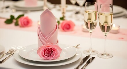 A formal table setting is adorned with pink roses and champagne glasses.