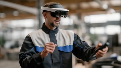 Worker practicing repair operations in digital mixed-reality simulator, emotion of motivation visible, representing immersive learning environments, safety enhancement, and industrial skill - Powered by Adobe