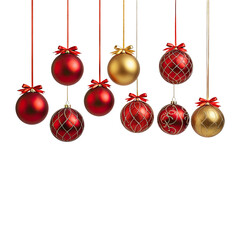 Ornaments hanging from red and gold ribbons against a black backdrop