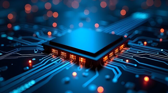 Futuristic glowing microchip on advanced circuit board with illuminated data pathways, high-tech processor architecture, modern semiconductor innovation, and digital technology background design