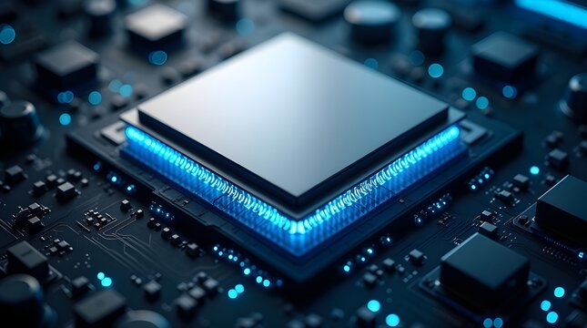 Futuristic glowing CPU chip on advanced digital circuit board, high-performance processor technology background, next-generation computing power, AI innovation and modern electronic engineering