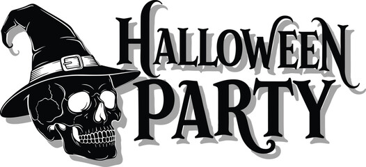 Spooky halloween party invitation featuring a witch hat and skull illustration