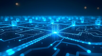 Futuristic digital blockchain network with glowing blue connections, data transfer technology, decentralized system, cyber innovation, virtual communication infrastructure background