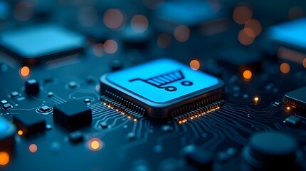 Futuristic e-commerce technology concept with glowing shopping cart icon on digital processor chip, online retail innovation, fintech data network, cyber marketplace system background
