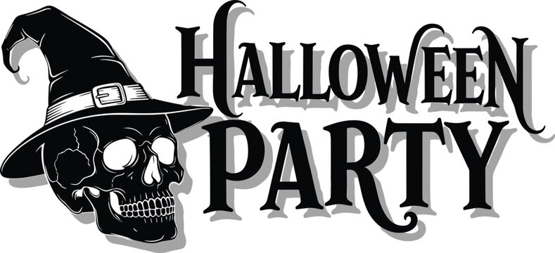 Spooky halloween party invitation featuring a witch hat and skull illustration