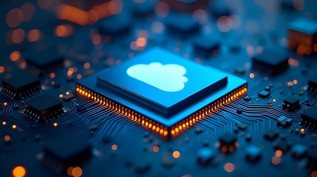 Futuristic cloud computing processor chip with glowing circuits, digital data storage technology, artificial intelligence, cyber innovation, virtual server network background concept - Powered by Adobe