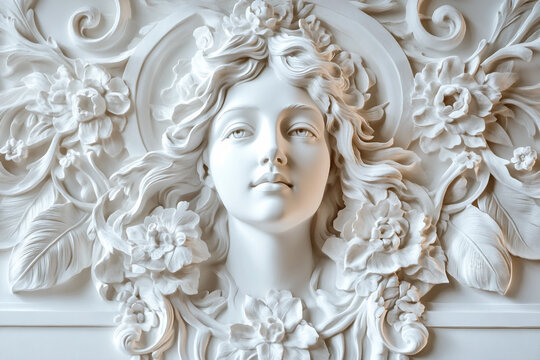 Carved image of an elegant bas relief on a textured wall with gypsum generative AI technology