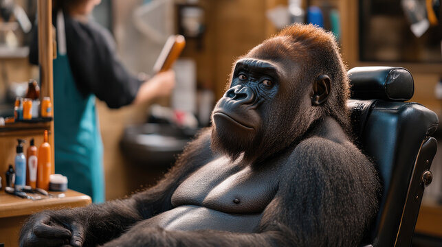 a monkey sits in a barber's chair surrounded by grooming products, humorous concept, copy space