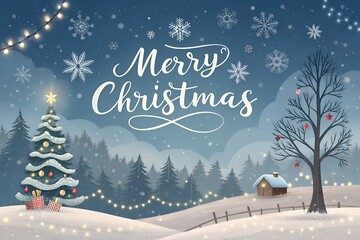 Whimsical winter forest scene with merry christmas greeting