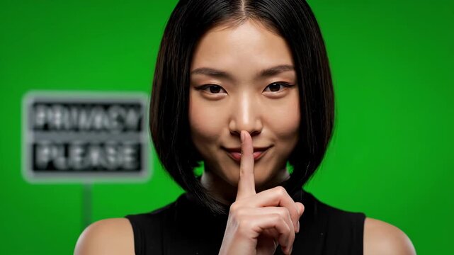 Mysterious Asian Woman Signals Silence with a 'Privacy Please' Sign on a Vibrant Green Background, creating a sense of intrigue and discretion