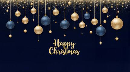 Elegant gold and blue Christmas ornaments hanging on dark background &mdash; Happy Christmas greeting