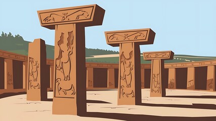 Ancient mysterious stone pillars with carvings under a clear blue sky