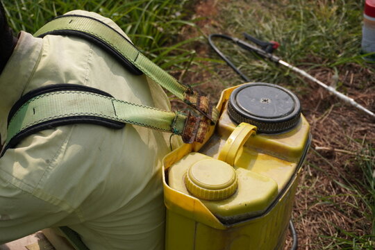 Agricultural pesticide sprayer backpack and tank on field grass