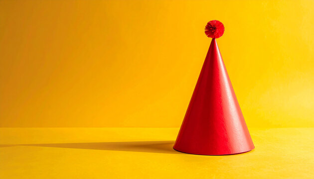 Vibrant red birthday party hat on yellow background, cheerful celebration mood, festive accessory.