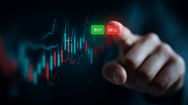 finger in decision taking process about to press red sell button on screen. investing analysis selling portfolio assetts
