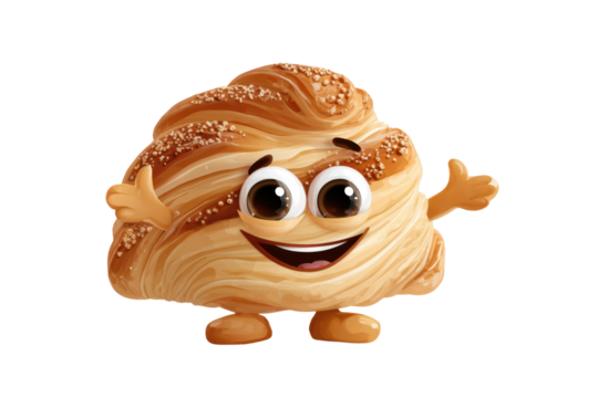 Cartoon Croissant Character Smiling And Waving Hands On Transparent Backdrop