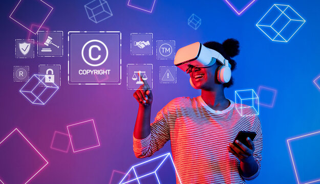 A vibrant image of a woman using a virtual reality headset while exploring concepts of copyright and law in a digital realm, surrounded by colorful graphics and icons. XDMCP