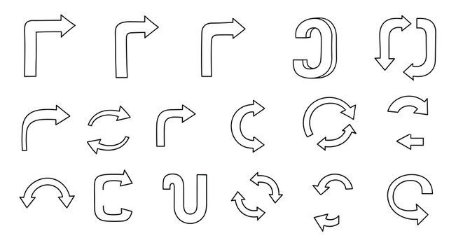 Assortment of hand-drawn block arrows in various curved, turning, and circular shapes, ideal for diagrams and infographics.